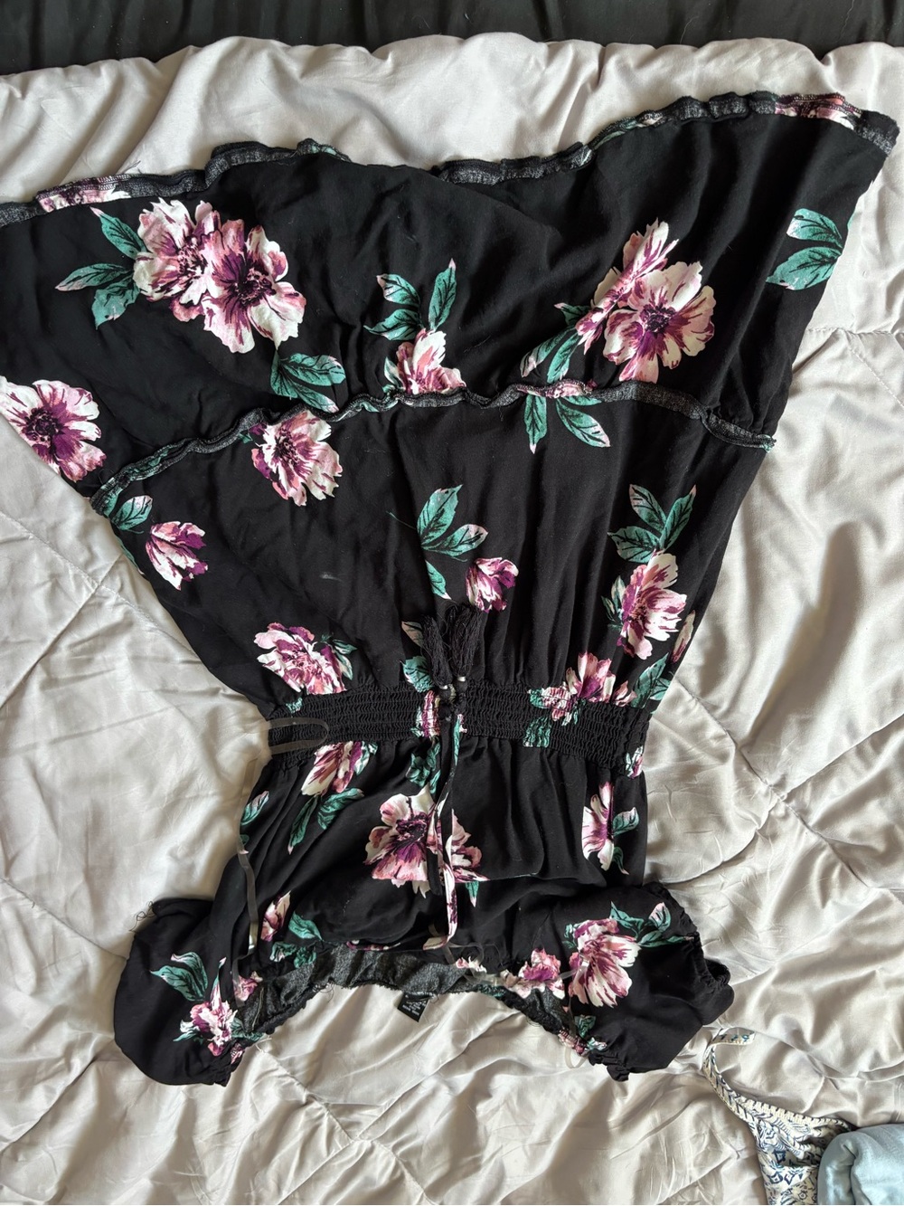 Floral Black Off the Shoulder Dress with Elastic Waist